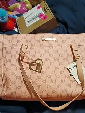 bebe Pink Logo-Print Tote with Gold Heart Charm